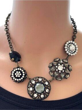 Lia Sophia Curio Necklace Statement Antique Gold Tone Rhinestone Adjustable